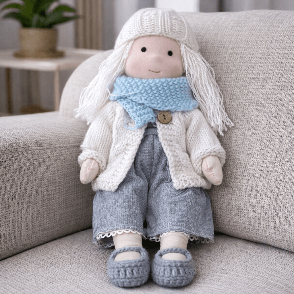 Handcrafted Waldorf Doll 28cm Cotton Handmade Fabric Knitted Clothing Yarn Hair Cloth