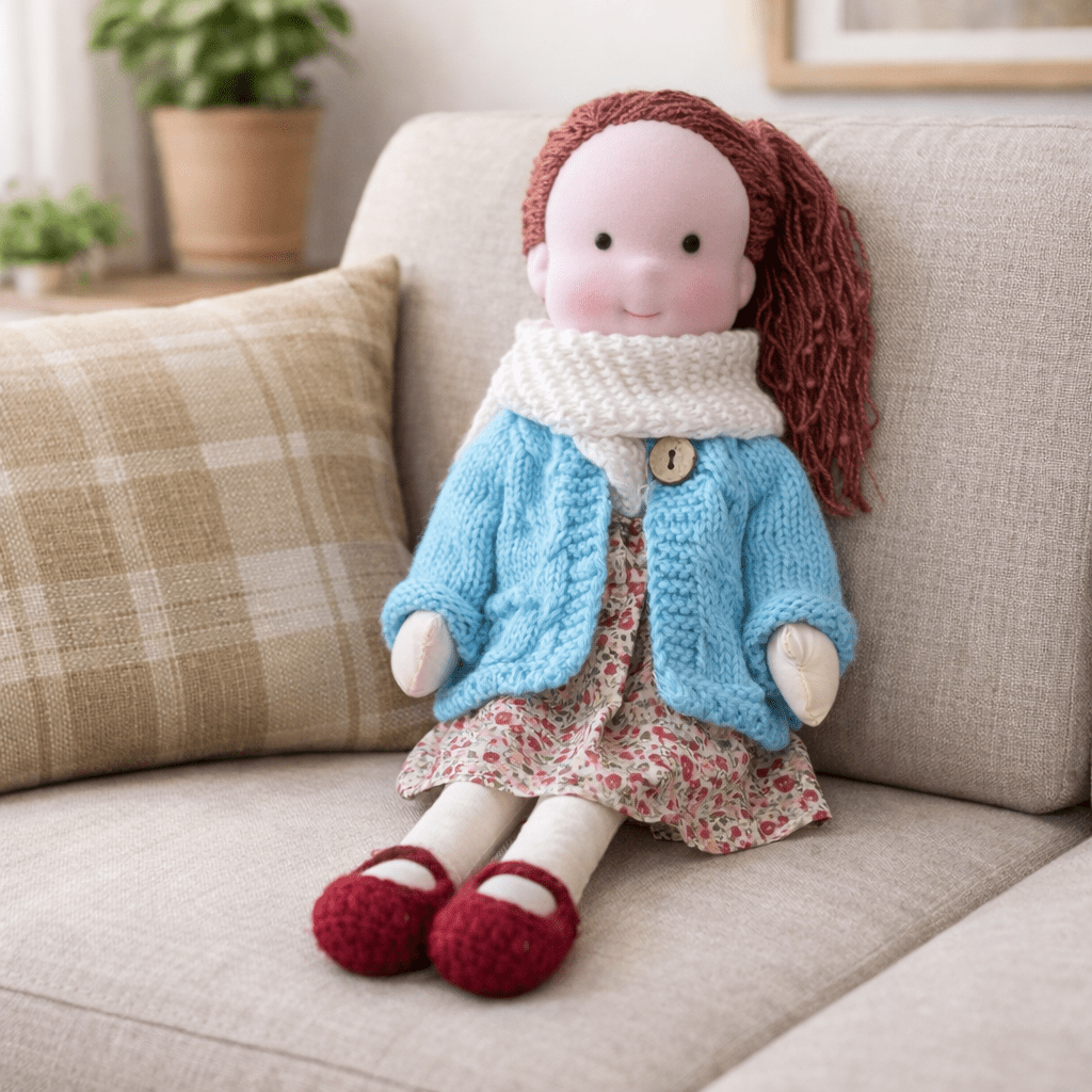 Handcrafted Waldorf Doll 28cm Cotton Handmade Fabric Knitted Clothing Yarn Hair Cloth