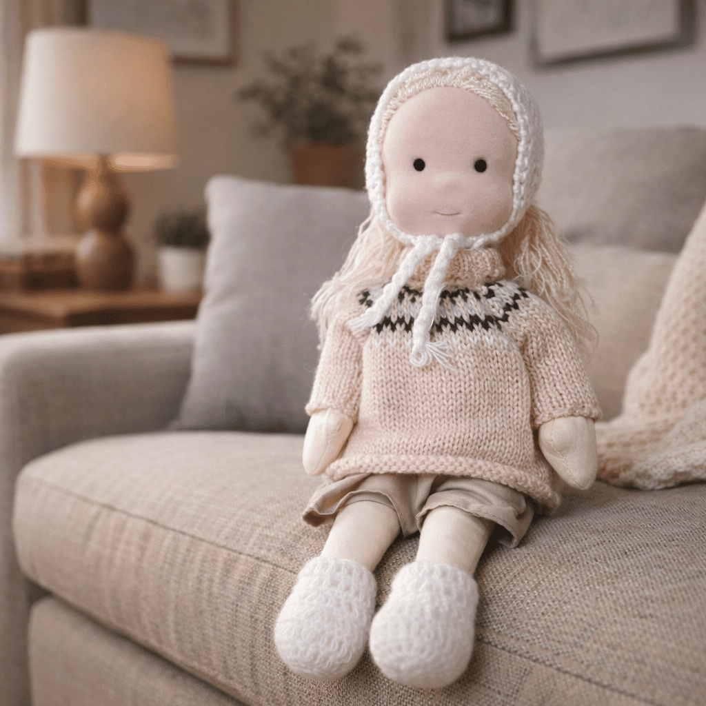 Handcrafted Waldorf Doll 28cm Cotton Handmade Fabric Knitted Clothing Yarn Hair Cloth