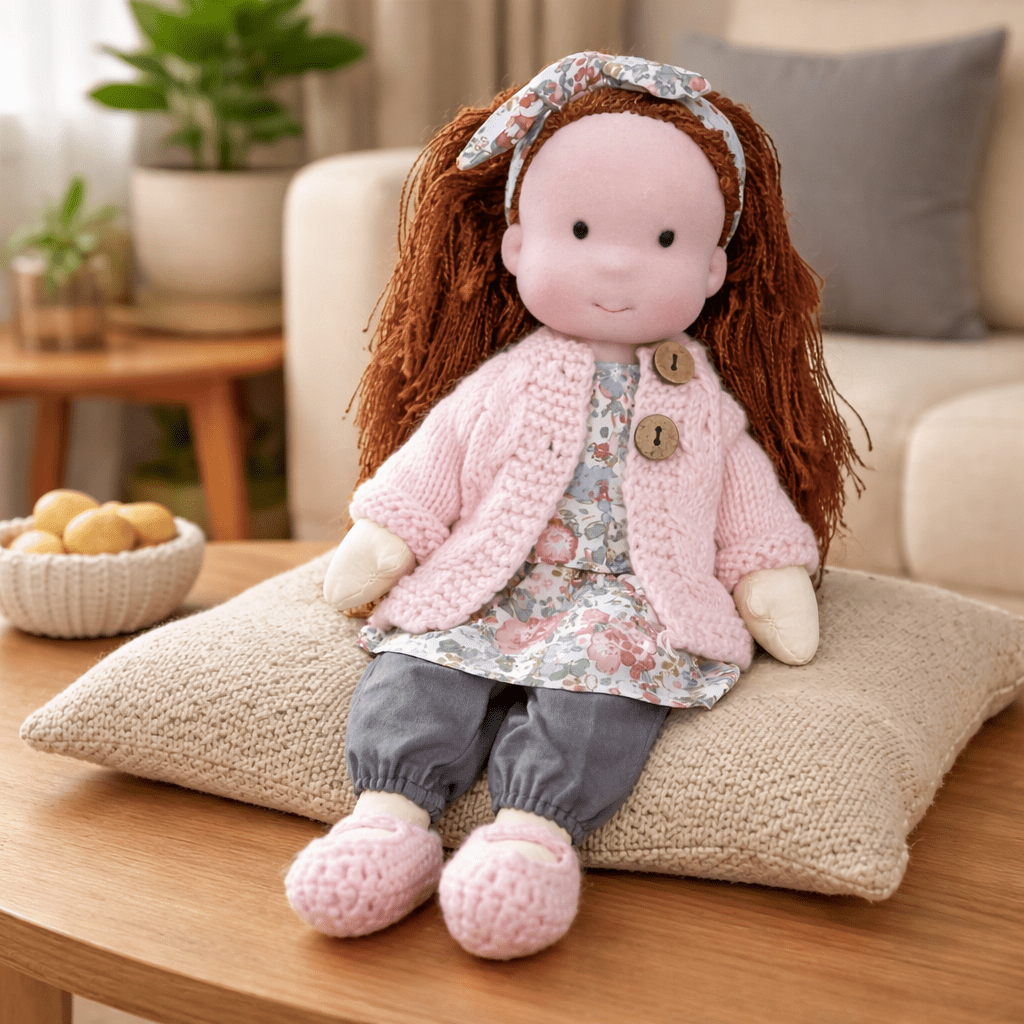 Handcrafted Waldorf Doll 28cm Cotton Handmade Fabric Knitted Clothing Yarn Hair Cloth
