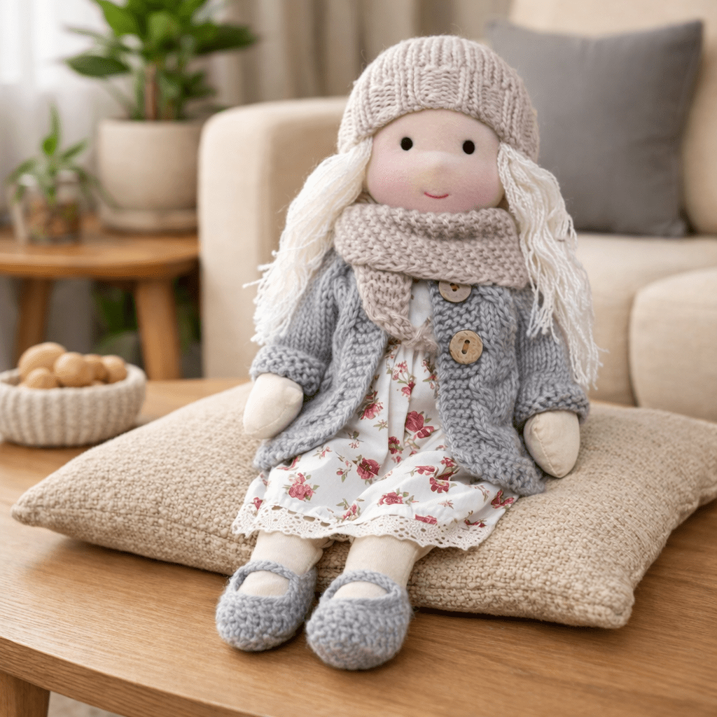 Handcrafted Waldorf Doll 28cm Cotton Handmade Fabric Knitted Clothing Yarn Hair Cloth