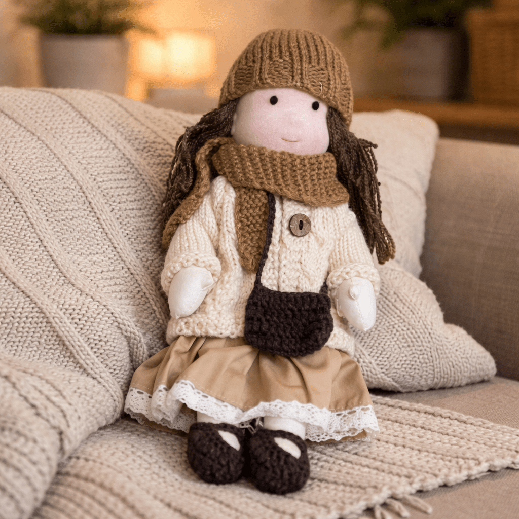 Handcrafted Waldorf Doll 28cm Cotton Handmade Fabric Knitted Clothing Yarn Hair Cloth