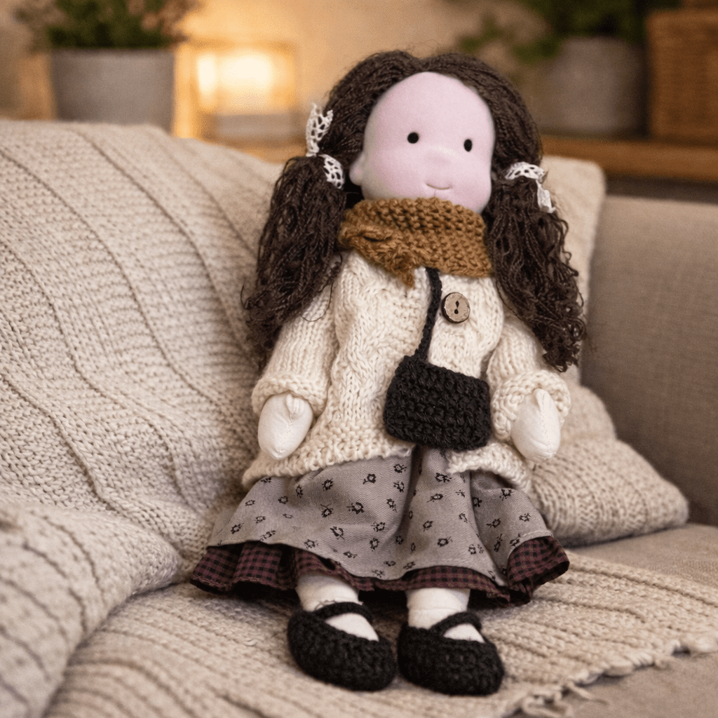 Handcrafted Waldorf Doll 28cm Cotton Handmade Fabric Knitted Clothing Yarn Hair Cloth