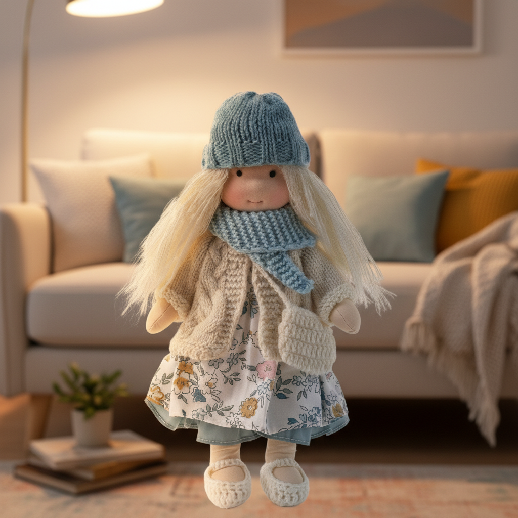 Handcrafted Waldorf Doll 28cm Cotton Handmade Fabric Knitted Clothing Yarn Hair Cloth
