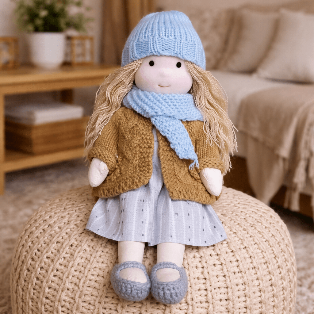 Handcrafted Waldorf Doll 28cm Cotton Handmade Fabric Knitted Clothing Yarn Hair Cloth