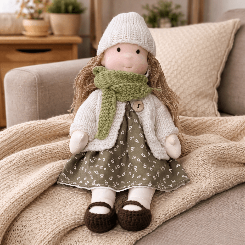 Handcrafted Waldorf Doll 28cm Cotton Handmade Fabric Knitted Clothing Yarn Hair Cloth