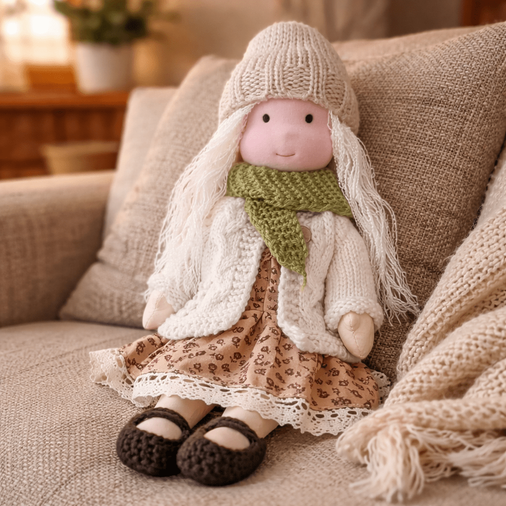 Handcrafted Waldorf Doll 28cm Cotton Handmade Fabric Knitted Clothing Yarn Hair Cloth