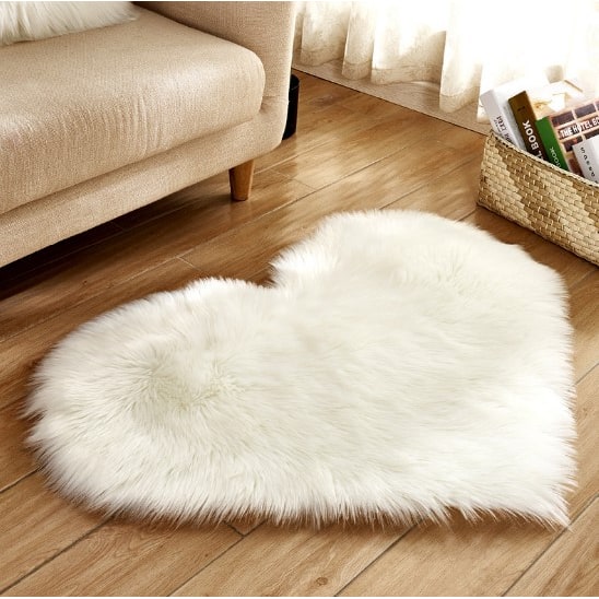 Heart Shaped Area Rug with Non Slip Pad Plush Faux Fur Fluffy Floor Mat for Living Room 8 By 10