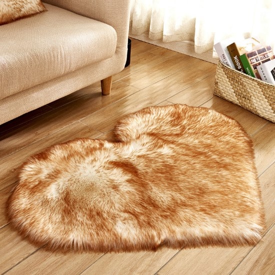 Heart Shaped Area Rug with Non Slip Pad Plush Faux Fur Fluffy Floor Mat for Living Room 8 By 10