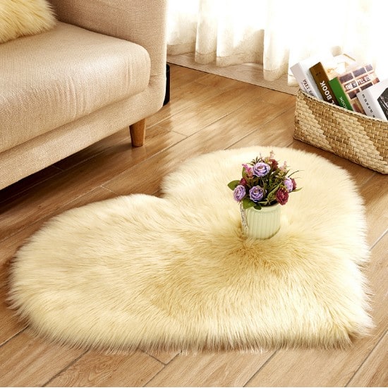 Heart Shaped Area Rug with Non Slip Pad Plush Faux Fur Fluffy Floor Mat for Living Room 8 By 10