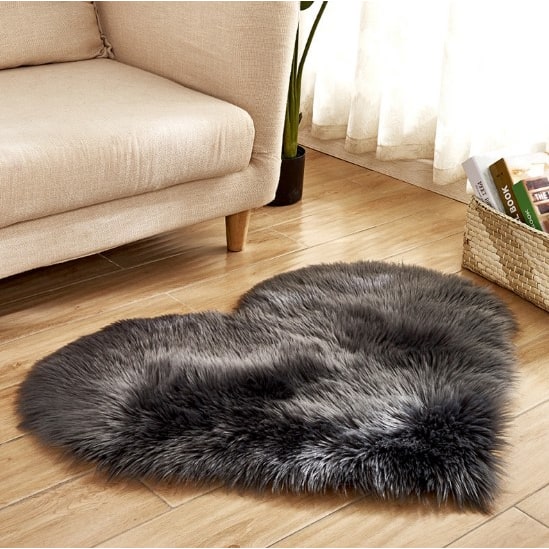 Heart Shaped Area Rug with Non Slip Pad Plush Faux Fur Fluffy Floor Mat for Living Room 8 By 10