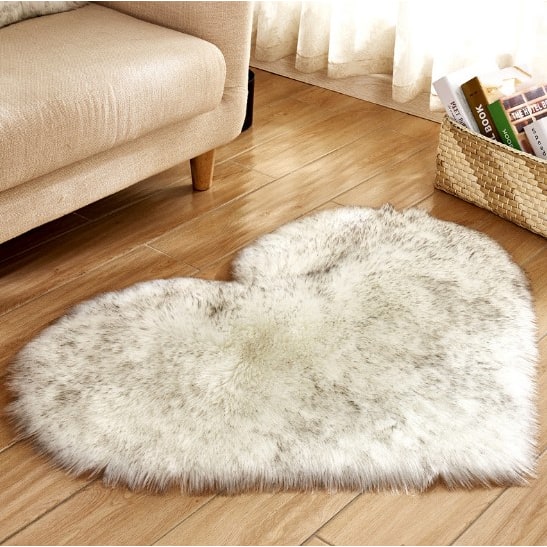 Heart Shaped Area Rug with Non Slip Pad Plush Faux Fur Fluffy Floor Mat for Living Room 8 By 10