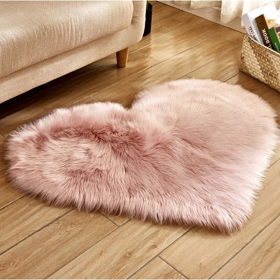 Heart Shaped Area Rug with Non Slip Pad Plush Faux Fur Fluffy Floor Mat for Living Room 8 By 10