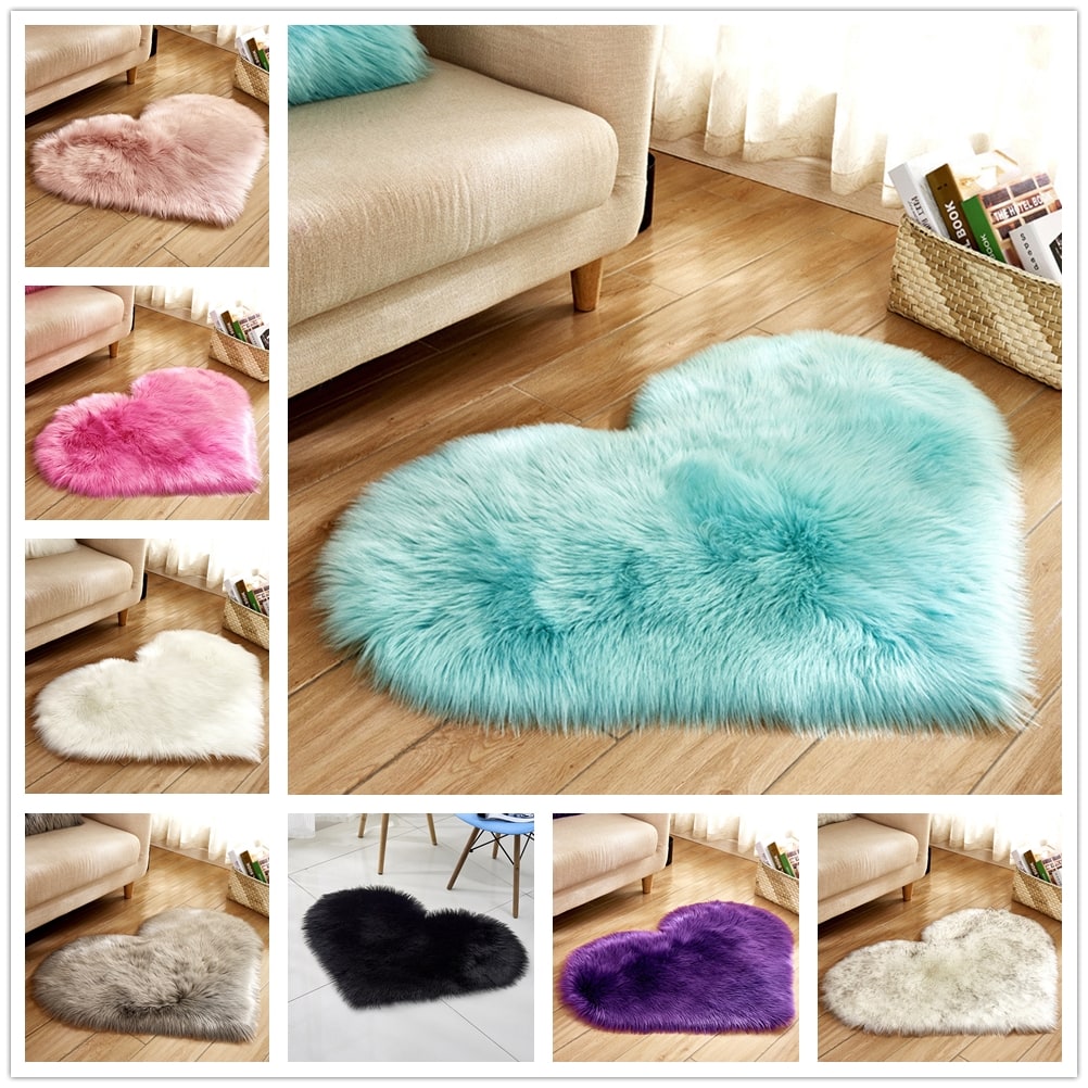 Heart Shaped Area Rug with Non Slip Pad Plush Faux Fur Fluffy Floor Mat for Living Room 8 By 10