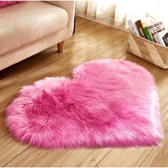 Heart Shaped Area Rug with Non Slip Pad Plush Faux Fur Fluffy Floor Mat for Living Room 8 By 10