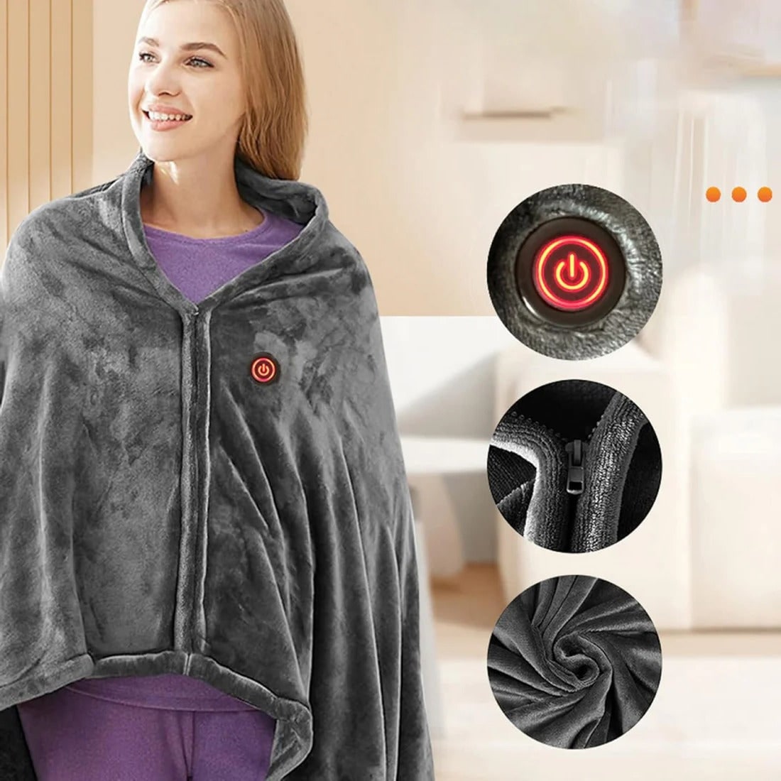 Heated Blanket Shawl with Electric Throw Wearable Fleece Cape with Zipper and USB Power