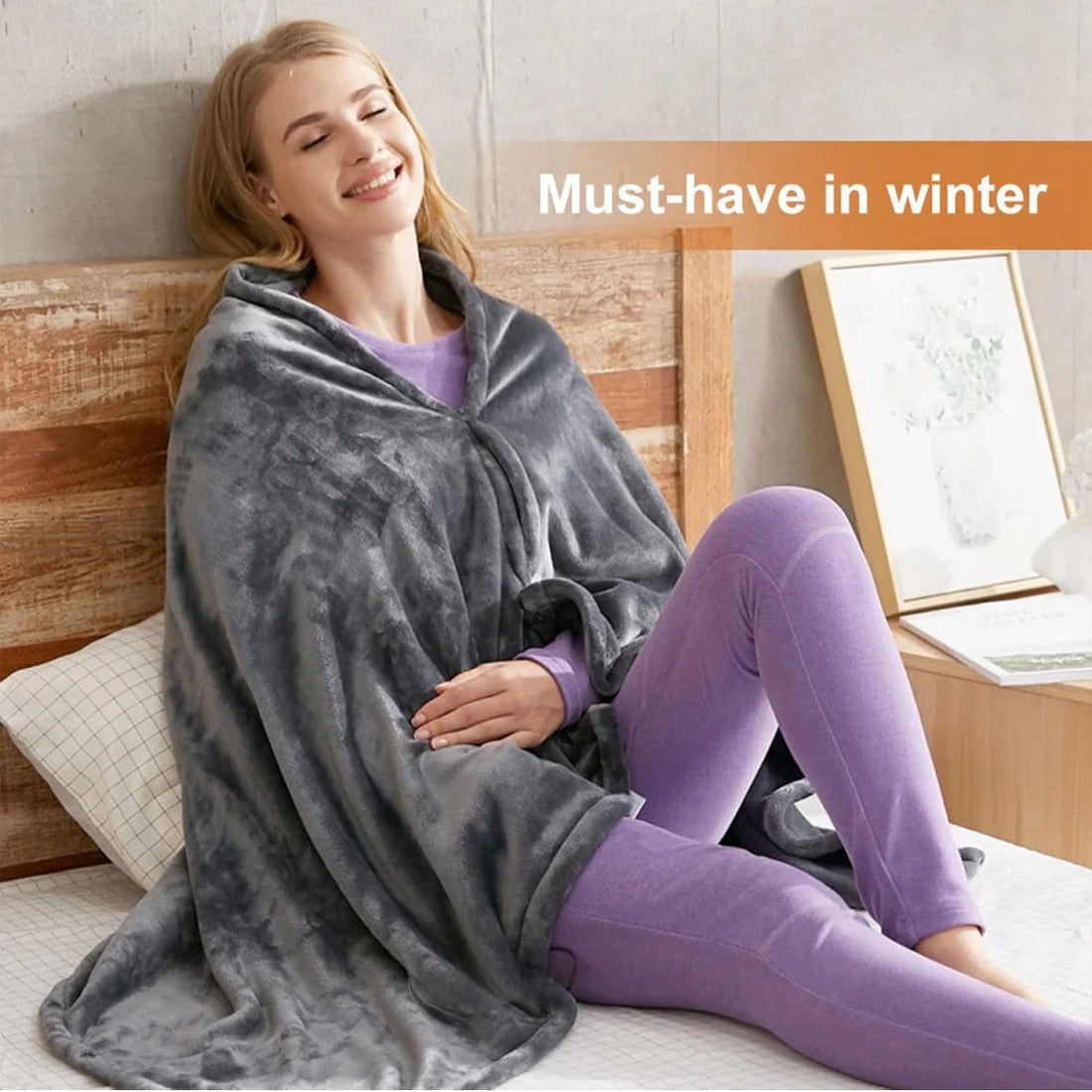 Heated Blanket Shawl with Electric Throw Wearable Fleece Cape with Zipper and USB Power