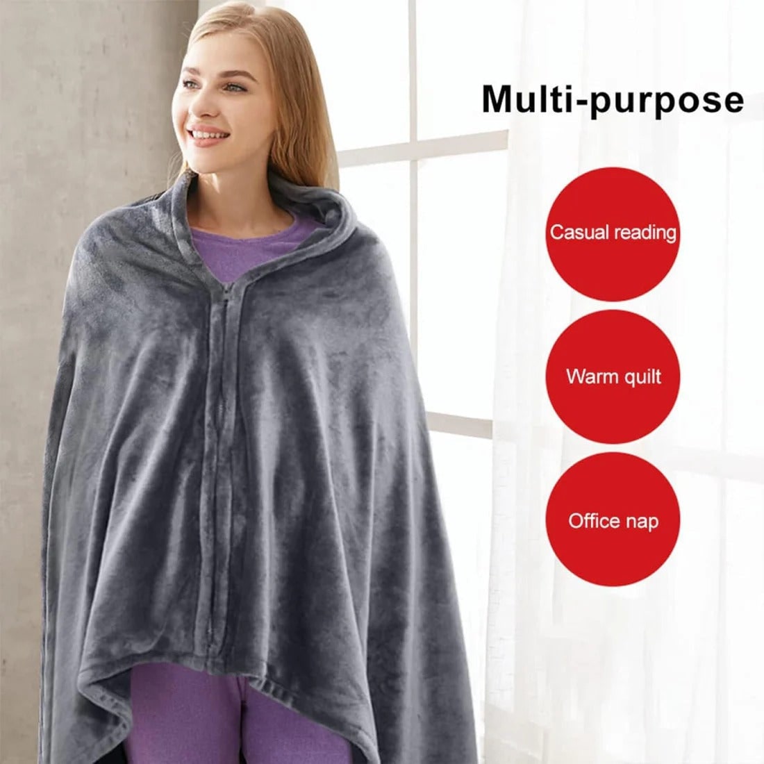 Heated Blanket Shawl with Electric Throw Wearable Fleece Cape with Zipper and USB Power