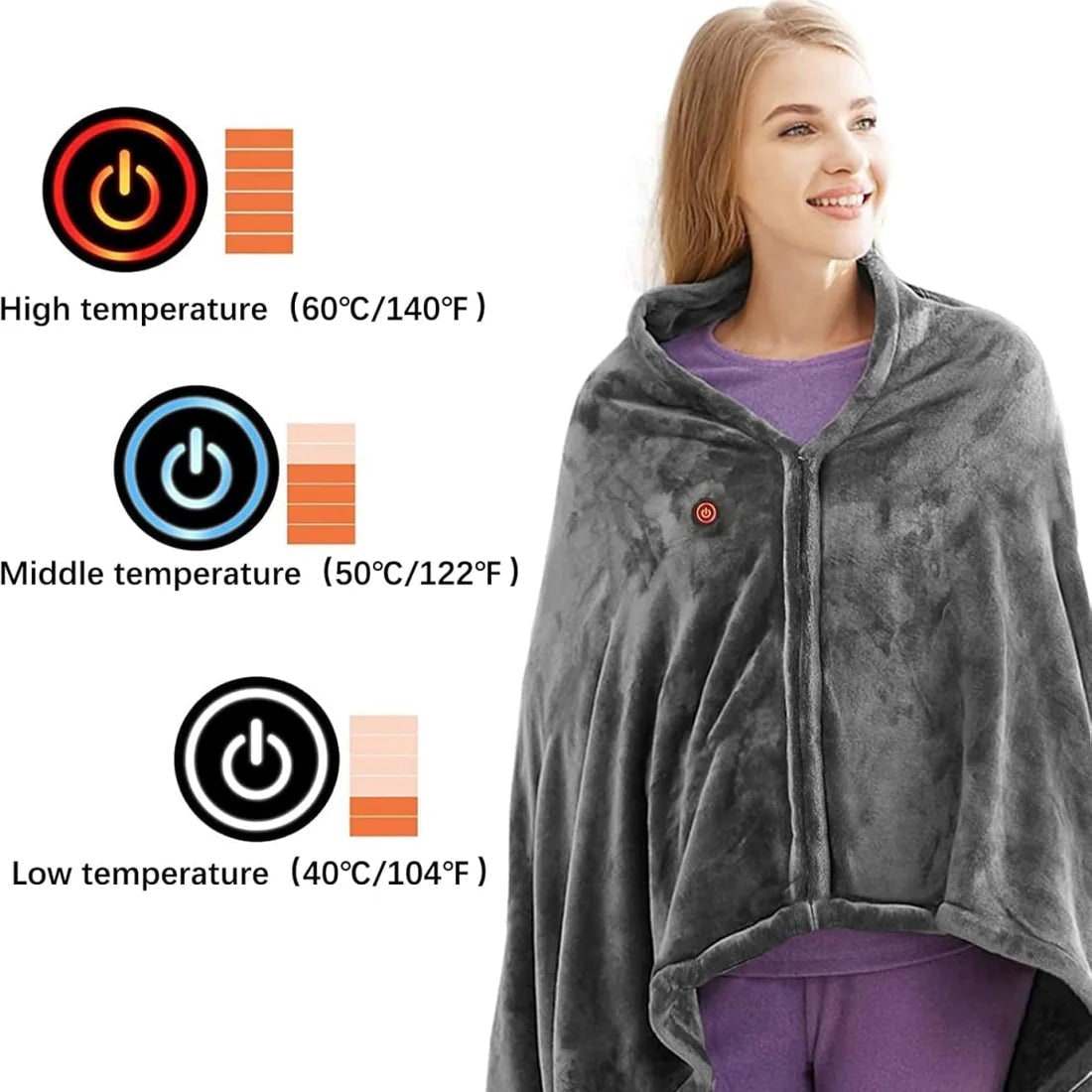 Heated Blanket Shawl with Electric Throw Wearable Fleece Cape with Zipper and USB Power