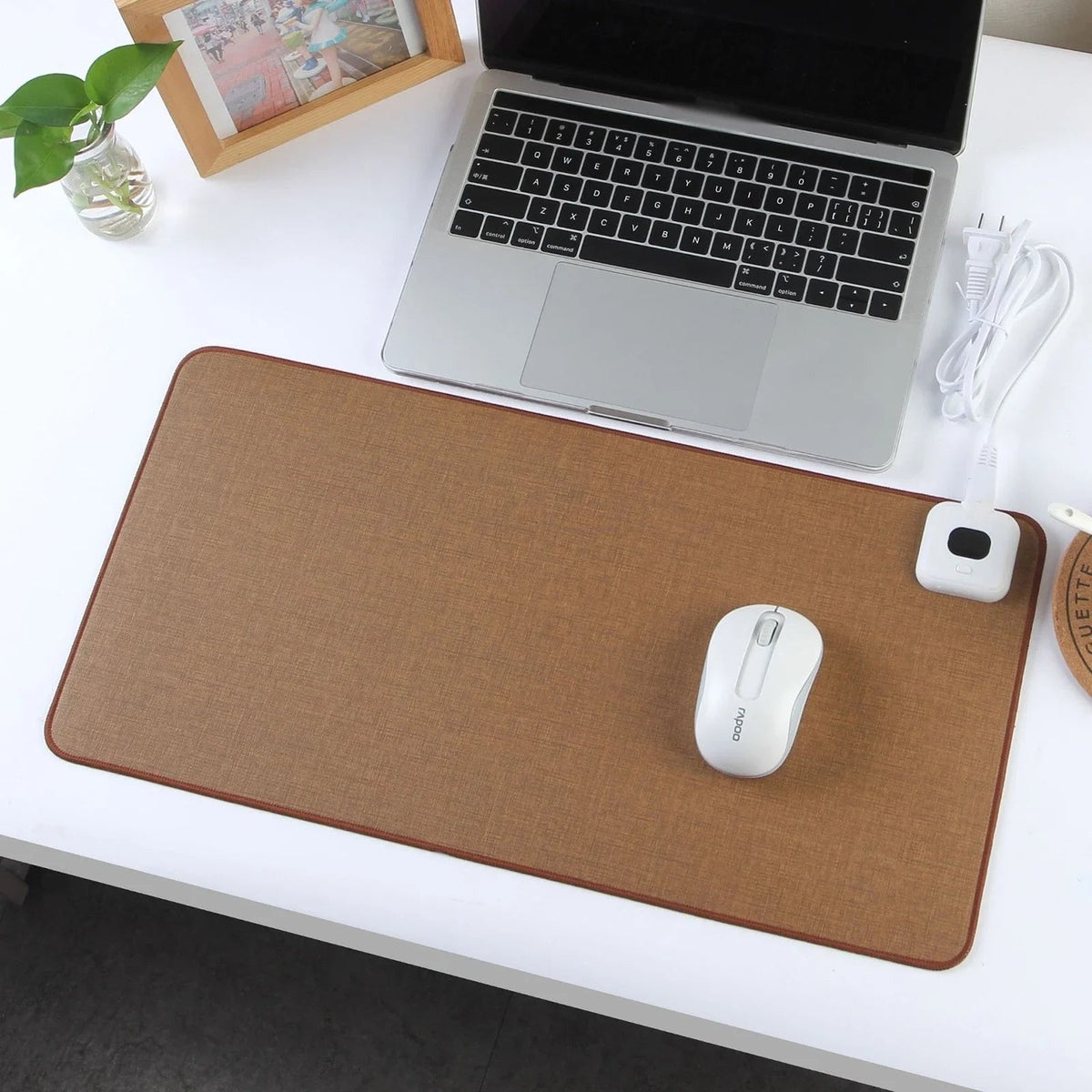 Heated Desk Pad with Adjustable Temperature Control and Stitched Linen Surface Office