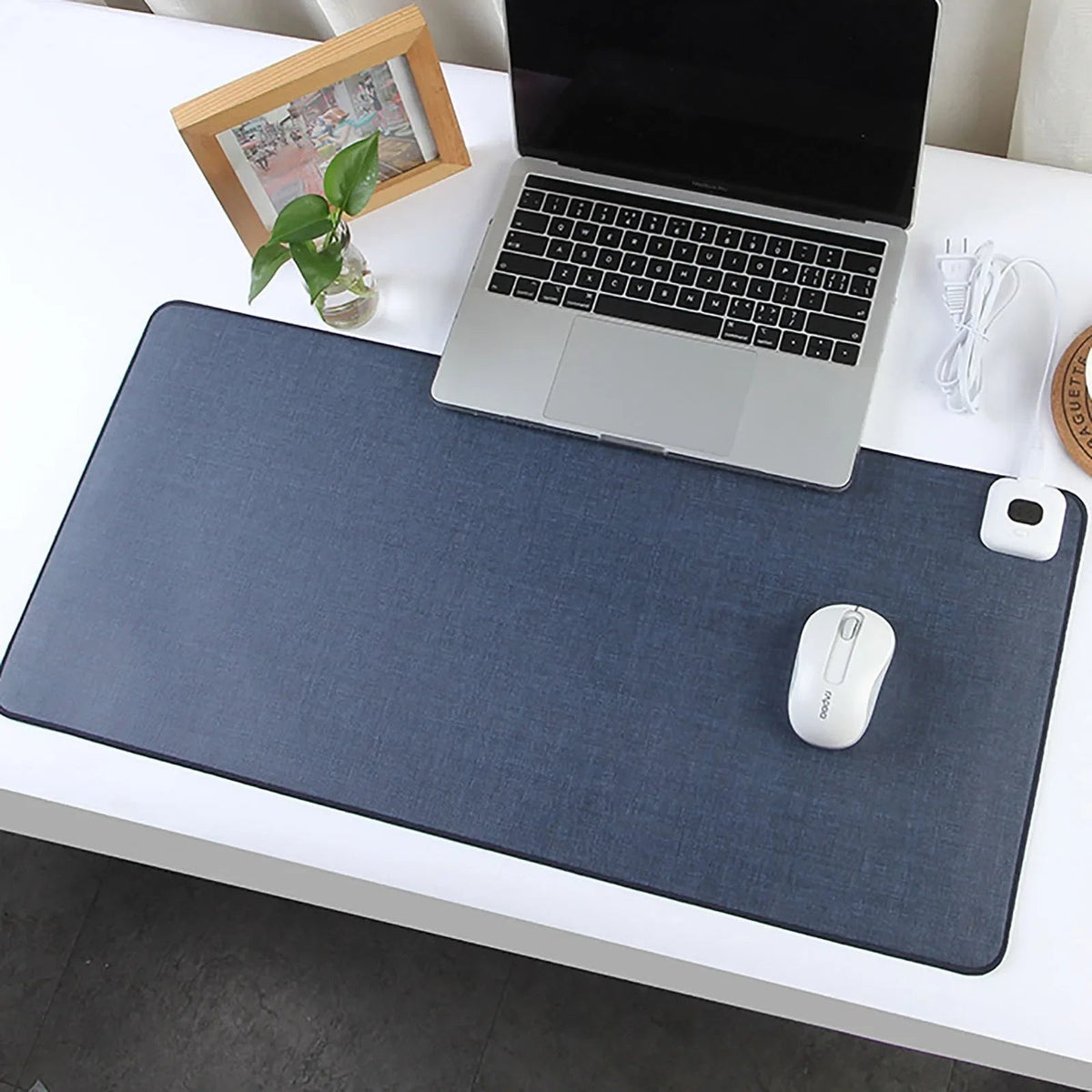 Heated Desk Pad with Adjustable Temperature Control and Stitched Linen Surface Office