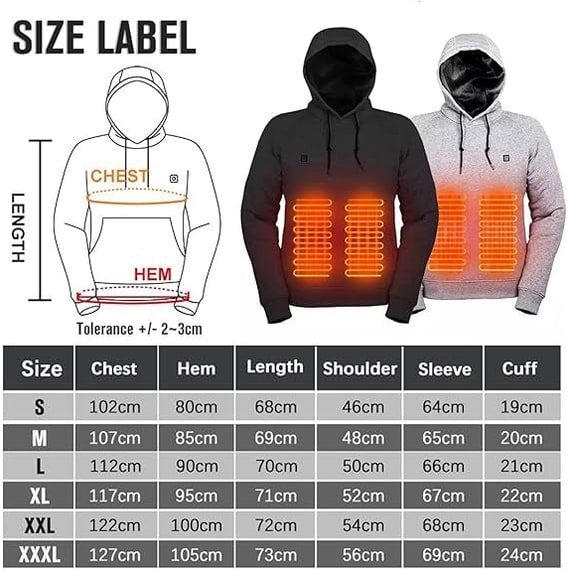 Heated Jacket and Hoodie with USB Electric Heating Zones and Drawstring Hood