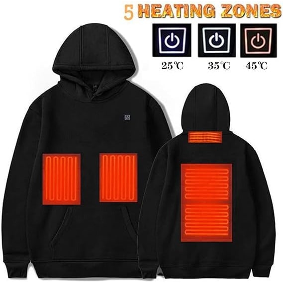 Heated Jacket and Hoodie with USB Electric Heating Zones and Drawstring Hood