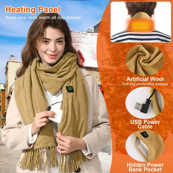 Heated Scarf and Neck Wrap with USB Power Fleece Fabric Three Temperature Settings Wool