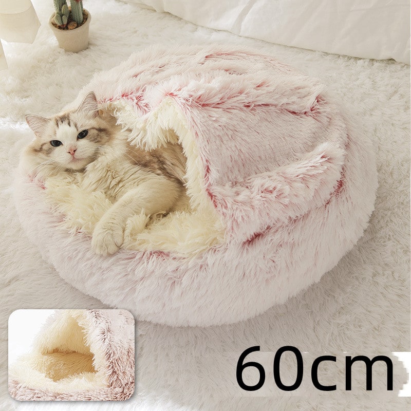 Hooded Cat Bed with Cave Design and Plush Donut Shape Enclosed Cozy Pet with Cushioned Rim