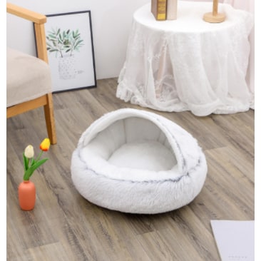 Hooded Cat Bed with Cave Design and Plush Donut Shape Enclosed Cozy Pet with Cushioned Rim