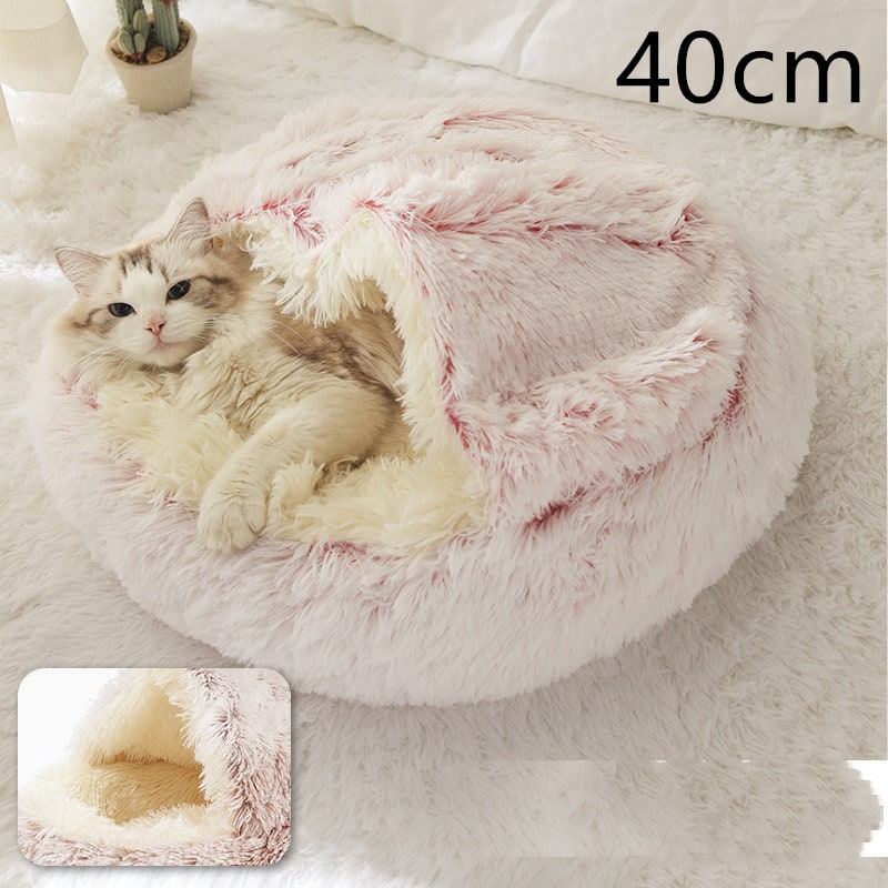 Hooded Cat Bed with Cave Design and Plush Donut Shape Enclosed Cozy Pet with Cushioned Rim