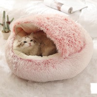 Hooded Cat Bed with Cave Design and Plush Donut Shape Enclosed Cozy Pet with Cushioned Rim