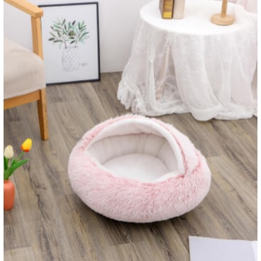 Hooded Cat Bed with Cave Design and Plush Donut Shape Enclosed Cozy Pet with Cushioned Rim