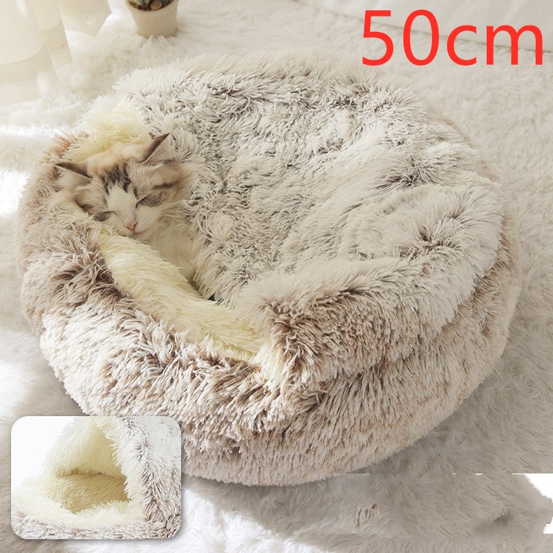 Hooded Cat Bed with Cave Design and Plush Donut Shape Enclosed Cozy Pet with Cushioned Rim