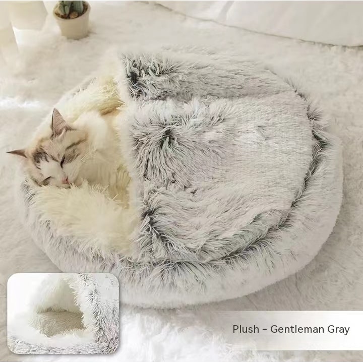 Hooded Cat Bed with Cave Design and Plush Donut Shape Enclosed Cozy Pet with Cushioned Rim