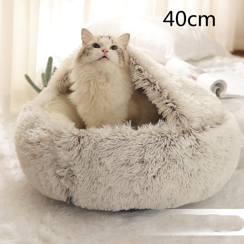 Hooded Cat Bed with Cave Design and Plush Donut Shape Enclosed Cozy Pet with Cushioned Rim