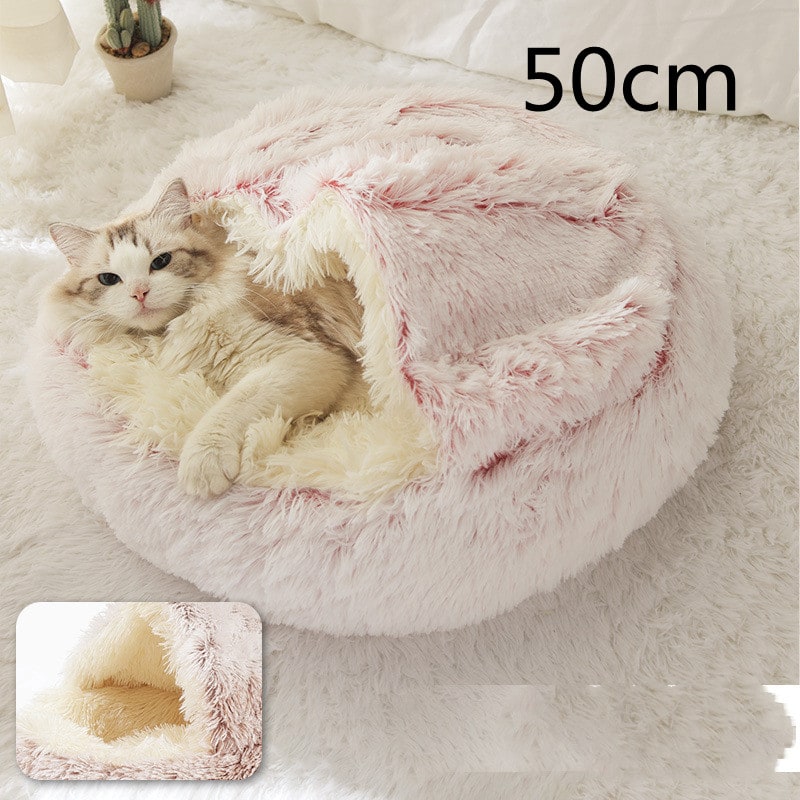 Hooded Cat Bed with Cave Design and Plush Donut Shape Enclosed Cozy Pet with Cushioned Rim