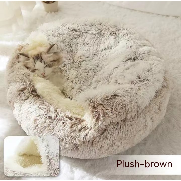 Hooded Cat Bed with Cave Design and Plush Donut Shape Enclosed Cozy Pet with Cushioned Rim