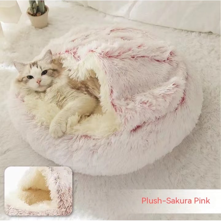 Hooded Cat Bed with Cave Design and Plush Donut Shape Enclosed Cozy Pet with Cushioned Rim