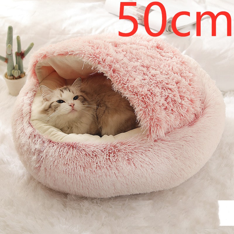 Hooded Cat Bed with Cave Design and Plush Donut Shape Enclosed Cozy Pet with Cushioned Rim