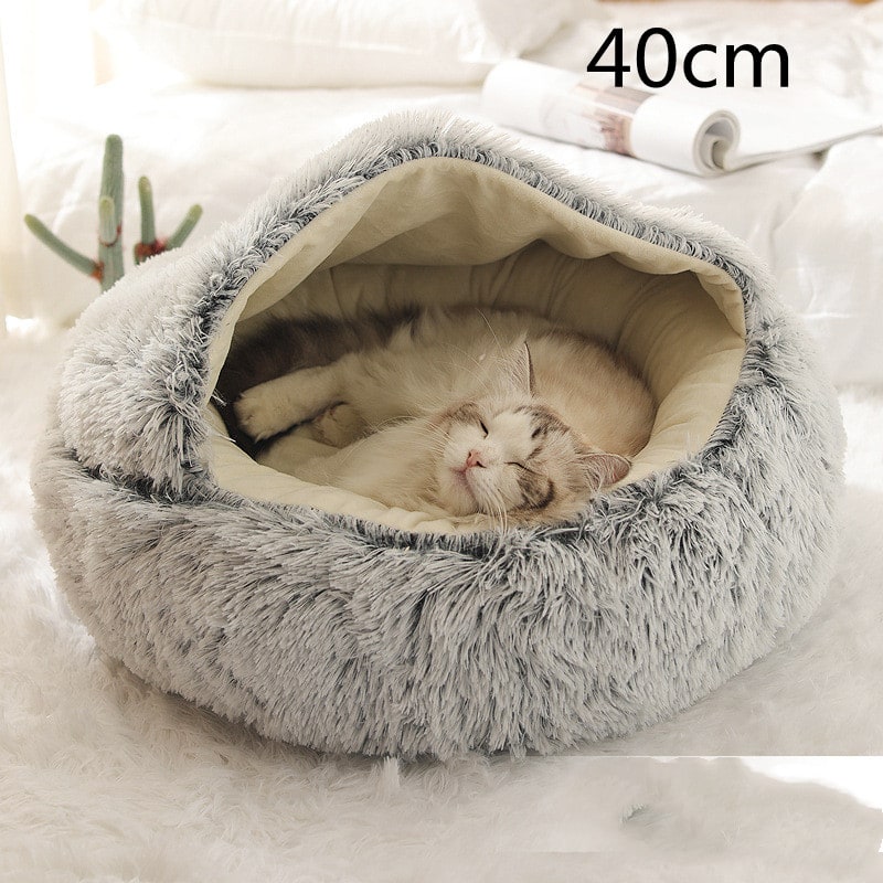 Hooded Cat Bed with Cave Design and Plush Donut Shape Enclosed Cozy Pet with Cushioned Rim