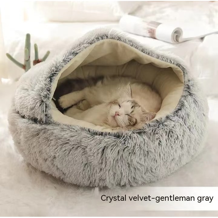 Hooded Cat Bed with Cave Design and Plush Donut Shape Enclosed Cozy Pet with Cushioned Rim