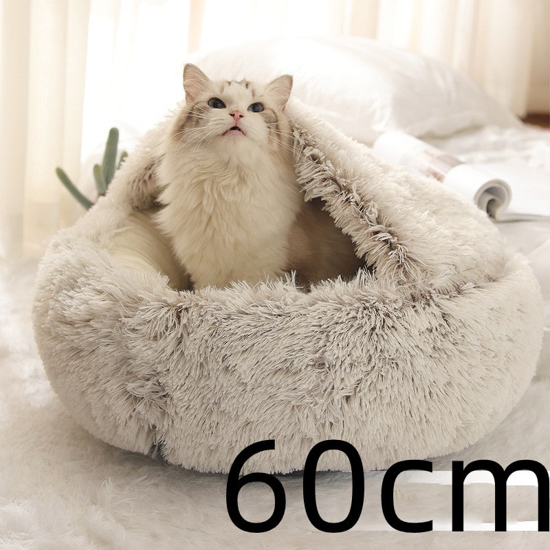Hooded Cat Bed with Cave Design and Plush Donut Shape Enclosed Cozy Pet with Cushioned Rim