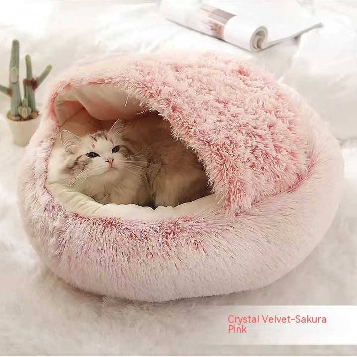 Hooded Cat Bed with Cave Design and Plush Donut Shape Enclosed Cozy Pet with Cushioned Rim