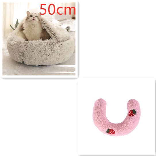 Hooded Cat Bed with Cave Design and Plush Donut Shape Enclosed Cozy Pet with Cushioned Rim