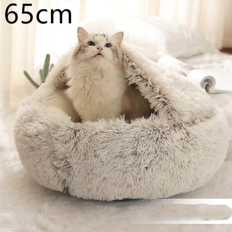 Hooded Cat Bed with Cave Design and Plush Donut Shape Enclosed Cozy Pet with Cushioned Rim