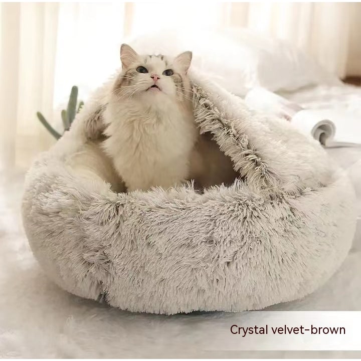 Hooded Cat Bed with Cave Design and Plush Donut Shape Enclosed Cozy Pet with Cushioned Rim