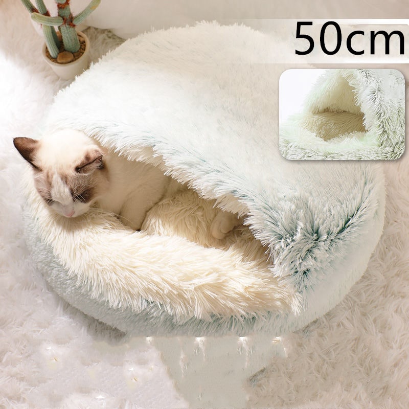 Hooded Cat Bed with Cave Design and Plush Donut Shape Enclosed Cozy Pet with Cushioned Rim