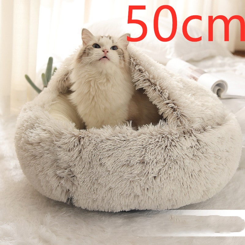 Hooded Cat Bed with Cave Design and Plush Donut Shape Enclosed Cozy Pet with Cushioned Rim