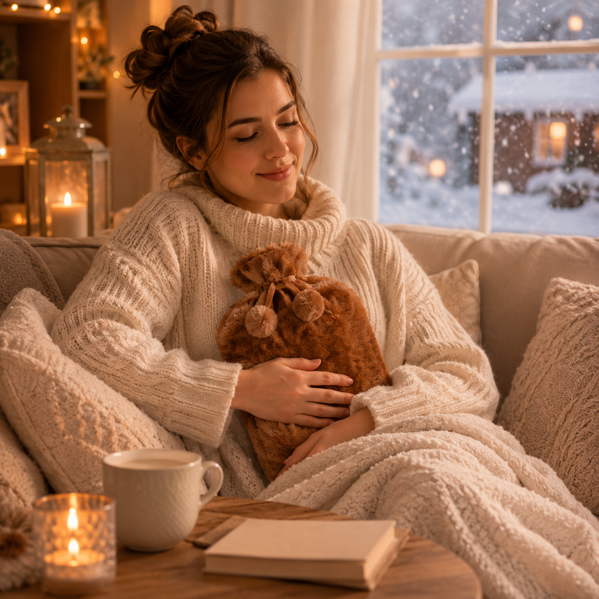 Hot Water Bottle with Plush Cover Removable Fleece Heating Bag Warm